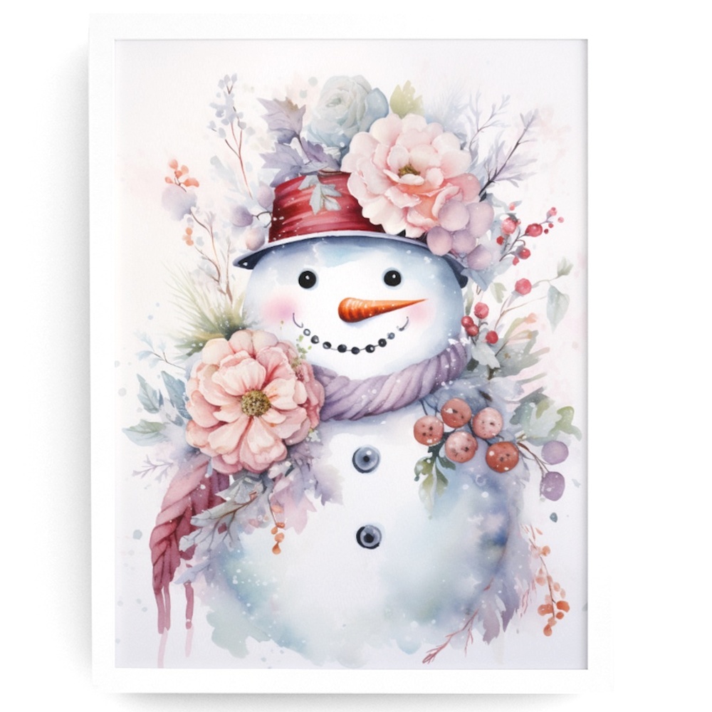 Watercolor Snowman Christmas Theme Wall Art Illustration Print Unframed